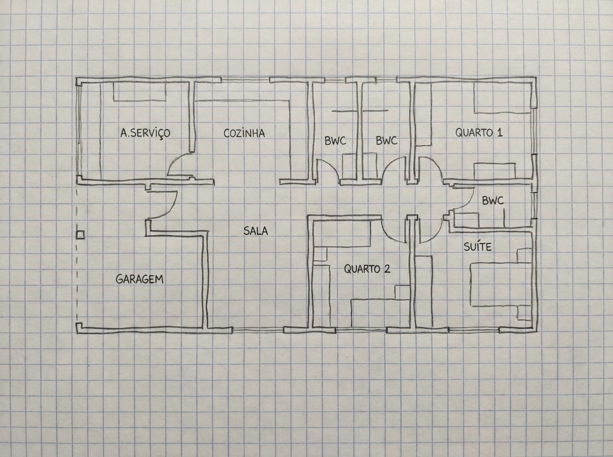 Comparação de planta baixa técnica gerada pela Concretu AI — Antes
